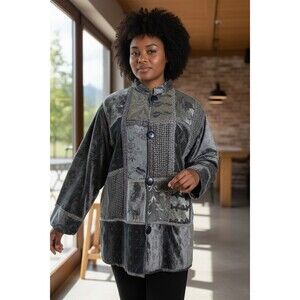 Vintage Flashback Velvet Jacket, Size XL, Oriental  Patch Style, Button Up